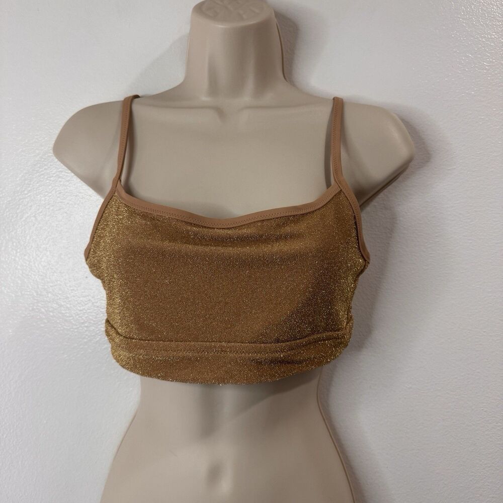 NWT Aerie American Eagle Bikini Top L Gold Sparkle Scoop Neck Swimwear UPF 50